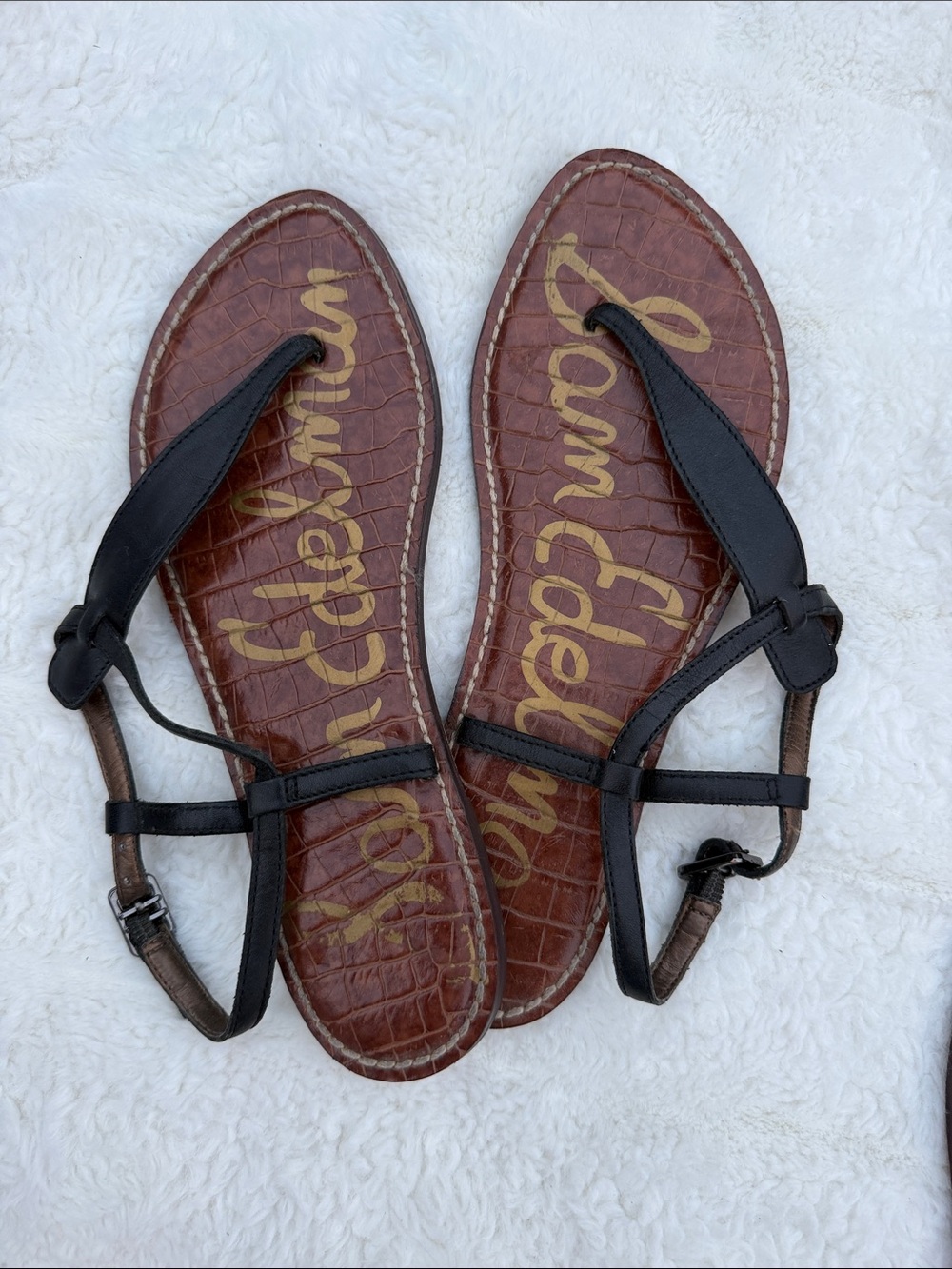 Sam Edelman Black Leather Strappy Flat Sandals with Brown Footbed